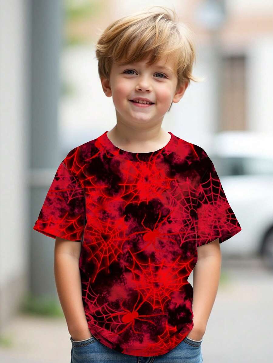 2025 Summer New Young Boy Casual Spider Web Print Short Sleeve T-Shirt - Apricot - View 1