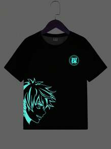 SHEIN Camiseta de manga corta con estampado de personaje reflectante y letras para niño preadolescente, uso casual de todos los días para verano