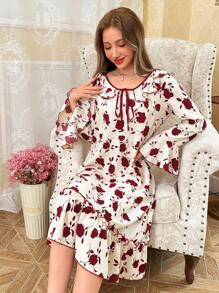 CottageSlumber Floral Print Ruffle Collar Tie Front Women's Nightgown - Multicolor - View 1