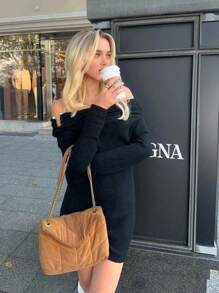 SHEIN Essnce 女士露肩长袖修身毛衣裙，纯色，秋冬 - 黑色 - 查看 4