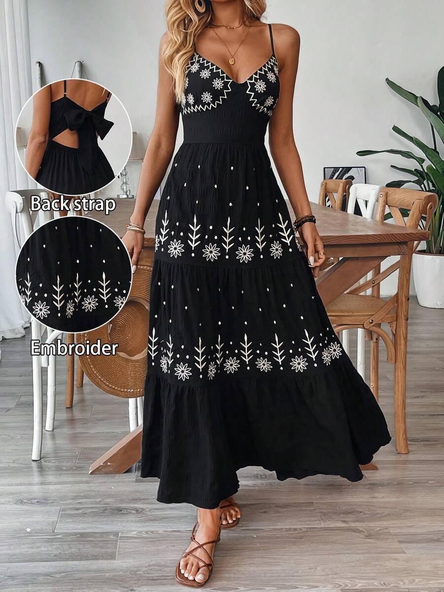 Chiquease Vestido de tiras con empalmado de lazo y bordado, estilo bohemio de vacaciones, para mujer