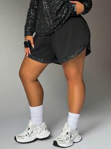 Easithlete Plus Size Casual Patchwork Silver-Foil Sports Shorts With Pockets And Lining, Spring/Summer Sweater Shorts