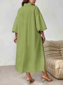 SHEIN Privé Plus Size Women's Elegant Vacation Beach Romantic Date Wedding Party Stand Collar Lantern Sleeve Mid-Length Loose Dress, Suitable For Summer - Green - View 3