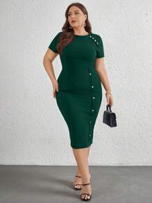 SHEIN Privé Vestido midi ajustado de color liso y elegante para talla grande, para ir a la oficina - Verde Oscuro - Ver 1