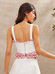 WESTFADE 西部混合媒体牛仔布和夏季花卉图案孔眼格子格子方领合身荷叶边背心春假 - 白色 - 查看 5