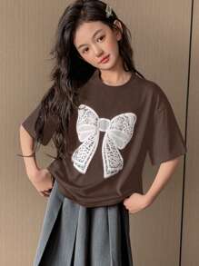Dazy Kids 青少年女孩圆领针织短袖蝴蝶印花 T 恤，春夏季，返校服装 - 咖啡棕 - 查看 4