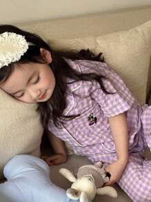 Dazy Kids Young Girl Fall Clothes Girl (Small) Plaid Short Sleeve Pants Pajama Set, Spring/Summer - Purple - View 3