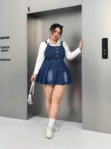 SHEIN EZwear Plus Size Cinched Waist Strap Mini Denim Dress