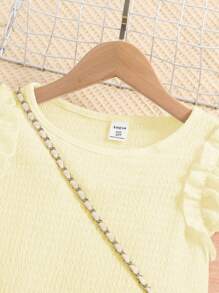 SHEIN Girls Textured Top With Ruffle Sleeve And Pleated A-Line Skirt 2pcs Set - Apricot - View 5