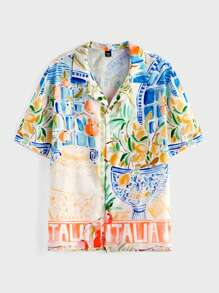 EASEVO 2 件大码男士彩色绘画风格短袖衬衫和宽松沙滩短裤套装，度假