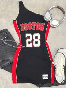 SHEIN 青少年女孩 Y2K 夏季篮球运动紧身运动风格迷你连衣裙，黑色和红色单肩撞色印花，休闲街头服饰和返校时尚 - 黑色 - 查看 1