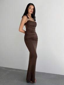 Aloruh Women's Tight-Fitting Lace Hollow Cutout Floral Print Brown Metal Buckle Maxi Dress With High Slit, Suitable For Spring/Summer Vacation