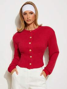 COSMINA Top tipo camiseta y top corto con botonadura individual de un solo color, apropiados para el uso diario - Rojo - Ver 6