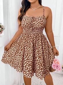 Sunnyshic Vestito elegante e affascinante con bretelle a spaghetti, schiena scoperta, arricciature e fantasie floreali ditsy, adatto per Natale, vacanze e abbigliamento da spiaggia per donne in taglie comode