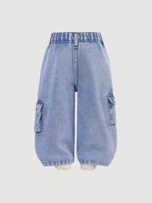 SHEIN Baby Girls' Y2K Loose Blue Denim Overalls Pants,Kid Girls Spring And Summer Casual Vacation Hobo Wear,Kid Girls Multiple Cargo Pockets Street Cool Outfit - Light Wash - View 2