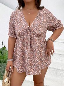 SHEIN CURVE+ 大码女式浪漫碎花系带蝴蝶结衬衫，优雅度假风格衬衫，春夏 - 彩色 - 查看 1