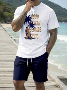 Manfinity RSRT 2pcs/Set Men Slogan & Palm Tree Print Round Neck Short Sleeve Casual T-Shirt And Drawstring Waist Shorts - Multicolor - View 1