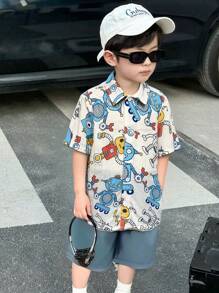 2pcs Young Boy Cute Cartoon Robot Pattern Collared Short Sleeve Cardigan And Shorts Set, Suitable For Travel, School, Spring And Summer - Multicolor - View 1