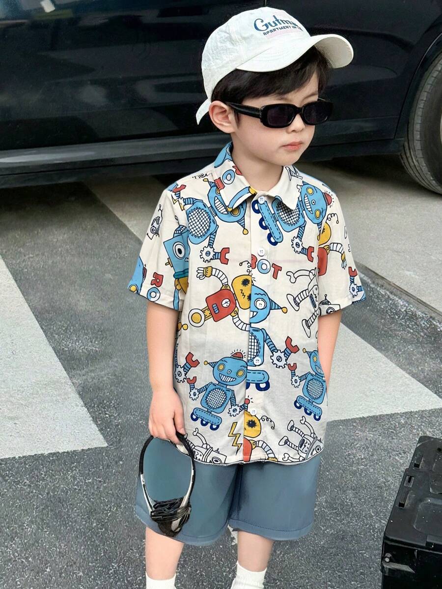 2pcs Young Boy Cute Cartoon Robot Pattern Collared Short Sleeve Cardigan And Shorts Set, Suitable For Travel, School, Spring And Summer - Multicolor - View 1