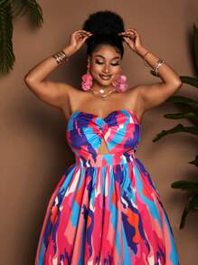 Maweii Plus Size Colorful Print Twisted Ruched High Waist Wide Leg Jumpsuits