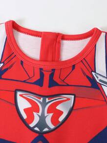 SHEIN 年轻男孩时尚酷炫图案印花斗篷背长袖连体衣，适合摆姿势、设计、时尚服装 - 紅色 - 查看 5