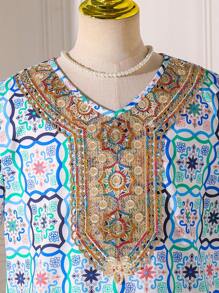 Tween Girl Retro Print Embellished Ribbon Collar A-Line Dress - Blue - View 3