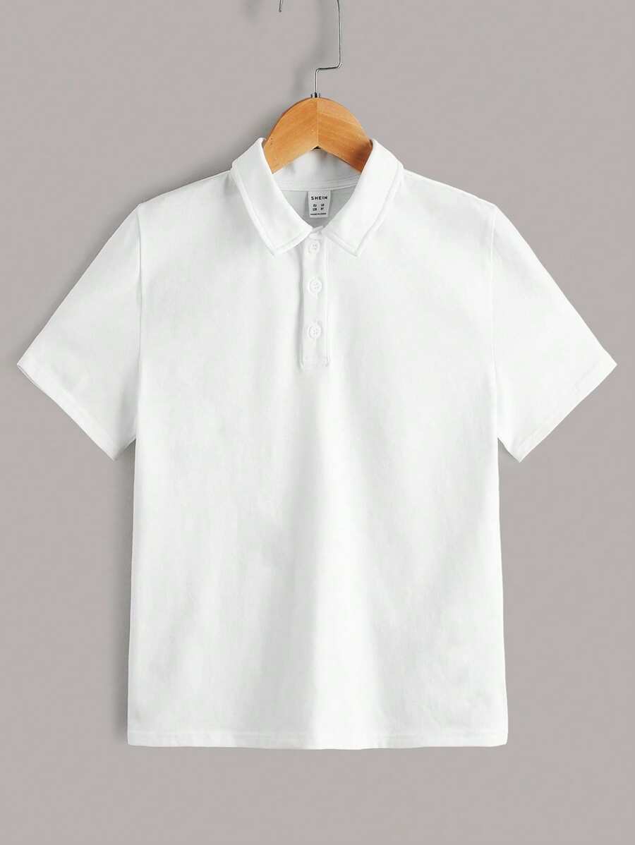 SHEIN Polo liso para niño preadolescente, de manga corta, de unicolor, uso casual diario, de tela ligera para verano - Blanco - Ver 1