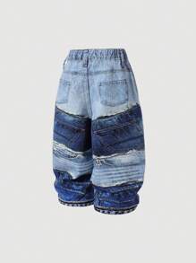 SHEIN Baby Jungen Straßen coole Baumwolle bedruckte, locker geschnittene gerade geschnittene blaue Jeans, Baby Frühlings-/Sommer Kleidung Streetwear Outfits