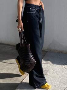 DAZY Women's Loose Fit Wide Leg Pockets Casual Versatile Denim Jeans - Dark Wash - View 4