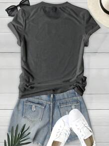 INAWLY 女士修身 T 恤，带图形短语印花，休闲夏季上衣 - 深灰色 - 查看 2