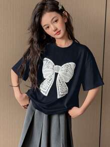 DAZY Tween Girl' Round Neck Short Sleeve Butterfly Print T-Shirt, Spring/Summer,Back To School Clothes - Navy Blue - View 4