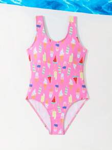 Tween Girl Random Ice Cream Print Bandeau Swimsuit - Multicolor - View 5