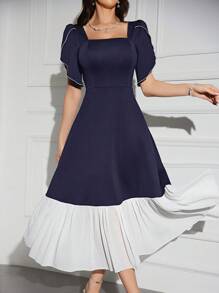 Modelyn Women's Color Block Square Neck Short Sleeve Summer Dress Long Evening Dresses - Navy Blue - View 6