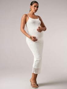 MaterniChic Elegant Solid Color Jacquard Slim Fit Maternity Slip Dress Baby Shower Summer Outfits - White - View 4