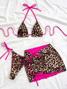 Soleia Set de 3 piezas de bikini para mujer con estampado de leopardo y color rojo, ideal para vacaciones