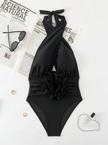 Swim SXY 女士性感黑色交叉吊带 3D 花朵假日连体泳衣，夏季海滩度假 - 黑色 - 查看 6
