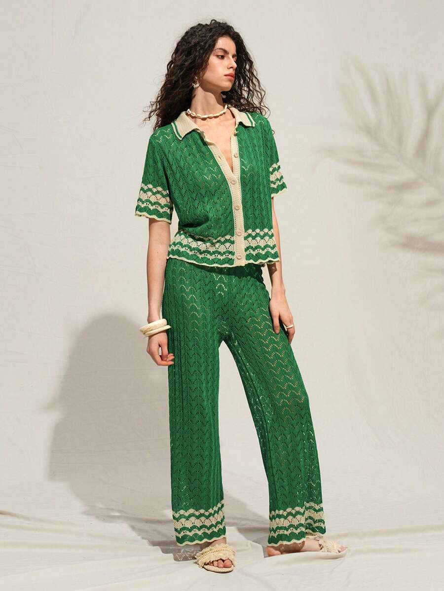 Arave Women's Fashionable Casual & Holiday Style Wave Hollow-Out Contrast Color Polo Collar Short Sleeve Top And Wide Leg Pants Set, Spring/Summer,Sets For Women,Summer Outfits For Women,Two Pieces Set Women,Green Set,Vacation Outfits Woman,Two Pieces Set Women