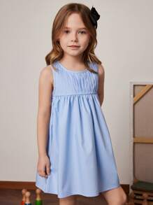 PrepCrw Young Girls' Spring/Summer Pleated Sleeveless Round Neck Blue Woven Dress - Blue - View 2