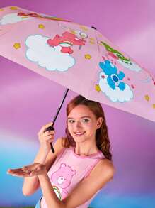 SHEIN X Care Bears 1pc Cute Cartoon Rainbow Heart Pink Bear Printed Automatic Opening And Closing Umbrella, Comes With Sunscreen Function, Suitable For School, Work, Outings, And Daily Use, Suitable For College Students, High School Students, And Women - Pink - View 2