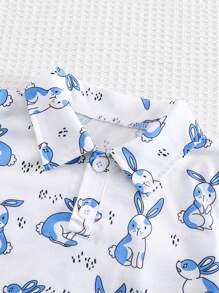 男婴两件套可爱卡通兔子印花翻领衬衫和短裤，蓝色 - 藍色 - 查看 5