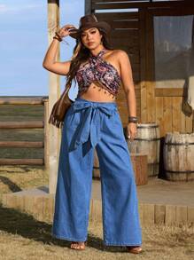 SHEIN LUNE Plus Size Women Loose Elastic Waist Casual Wide Leg Tie-Up Vacation Jeans - Blue - View 6