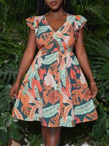 SHEIN Clasi Vestido con estampado tropical y mangas cortas, atuendos de primavera casuales para vacaciones, ropa bohemia para mujeres, ropa occidental, ropa para conciertos, ropa de mujer para vacaciones tropicales, ropa con flores para mujeres - Multicolor - Ver 2