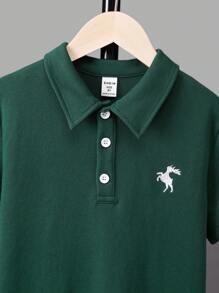 SHEIN Tween Boy 简约休闲刺绣星星短袖 Polo 衫 - 墨綠色 - 查看 3