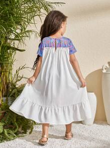SHEIN Lose sitzende Lässig kleid für Kleine Mädchen mit gewebtem geometrischem Muster und Rundhalsausschnitt - Blau - Übersicht 6