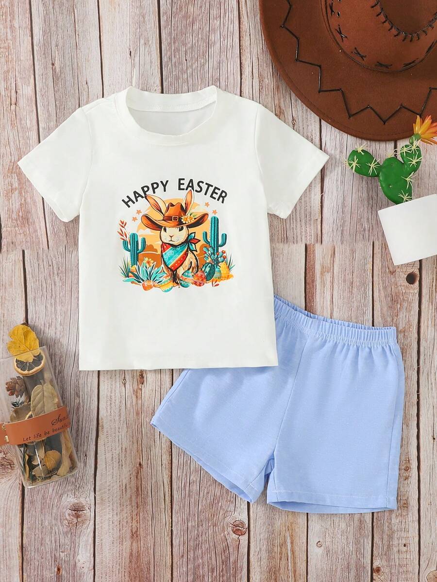 2025 Spring/Summer New Casual Comfortable White Cute Easter Bunny Print Young Girls 2pcs Set With Blue Pants, Suitable For Daily Wear, Outdoor Play And Family Holiday Gatherings Young Girls Clothing Easter Young Girl Summer Sets Young Girls Clothing Young Girls Sets - Apricot - View 1