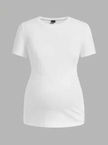 Modmama 孕妇纯色圆领短袖褶皱休闲 T 恤