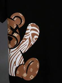 SHEIN Bộ 2 món áo thun trơn cổ tròn in hình gấu hoạt hình thường ngày cho bé trai tuổi mới lớn và quần short trơn - Nhiều màu - Xem 3