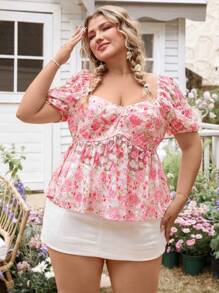 SHEIN VCAY Camisa de talla grande con cuello corazón, manga linterna y estampado floral