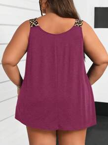 SHEIN CURVE+ Plus Size Women's Crew Neck Sleeveless Pocketed Leopard Print Patchwork Loose Fit Cami Top
