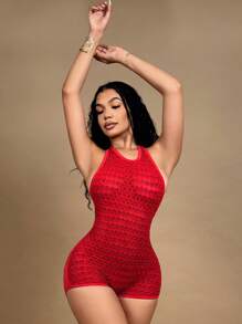 SHEIN SXY Bộ đồ liền thân hở lưng gợi cảm cổ yếm dành cho nữ - Đỏ - Xem 3